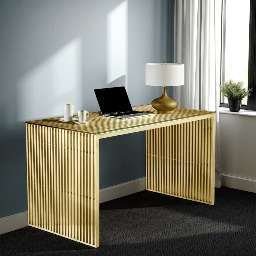 Meza 59 Inch Office Desk, Tempered Glass, Waterfall Design, Gold Steel
