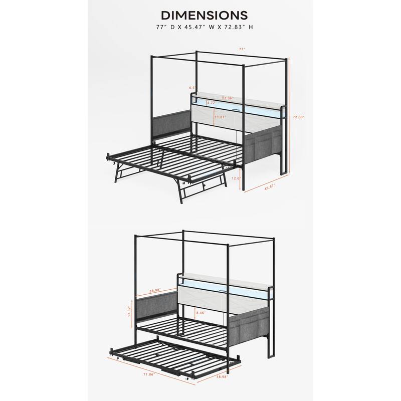 Twin Daybed with Trundle, Metal Trundle Bed Frame with Guardrail Enclosures