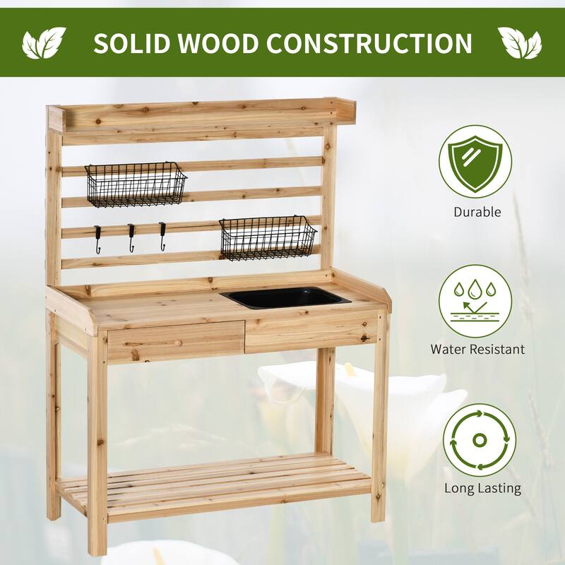 Outsunny Potting Bench Table, Garden Work Bench, Workstation with Metal Sieve Screen, Removable Sink