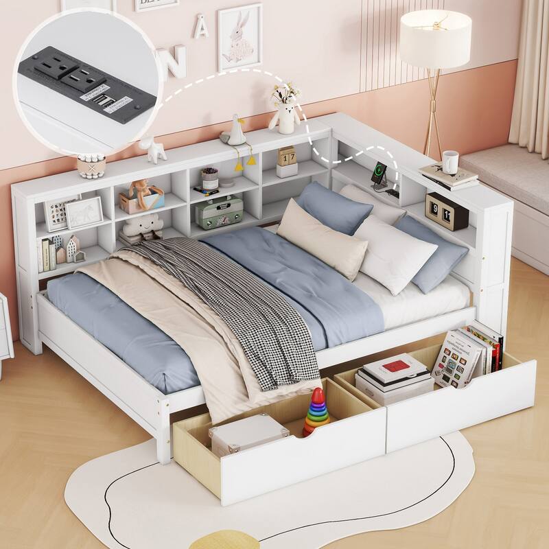 White Full Size Daybed with 2 Drawers, Storage Shelf, and USB Charging Ports - White