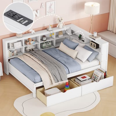 White Full Size Wooden Daybed with 2 Drawers, Storage Shelf and USB Charging Ports for Bedroom