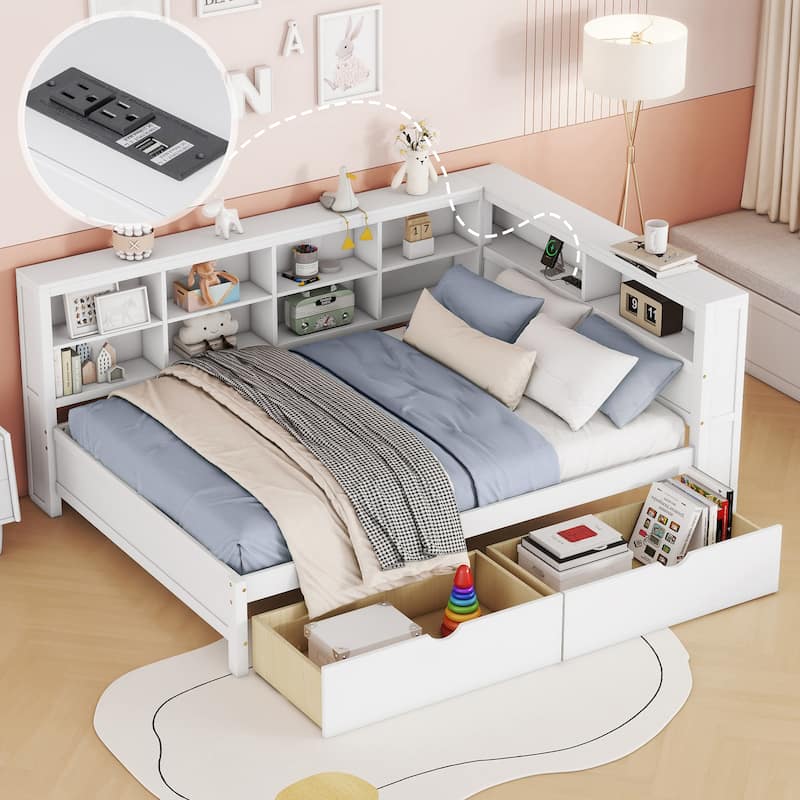Wooden Full Size DayBed with 2 Drawers, DayBed with Storage Shelf and USB Charging Ports,White - White