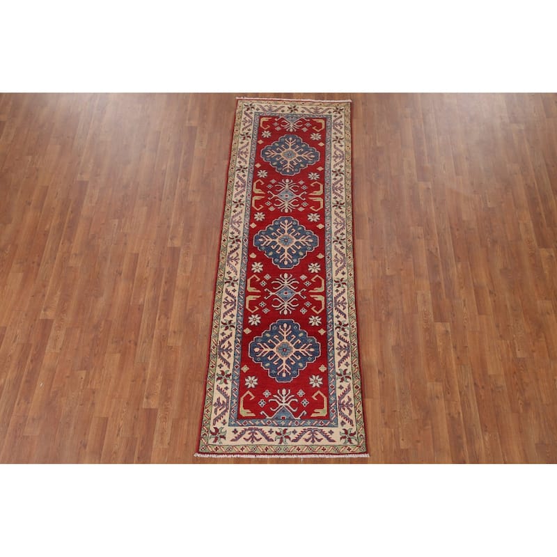 Hand Knotted Oriental 100% Wool Carpet Traditional Geometric Red Kazak Runner Rug - 8' 1'' X 2' 9''