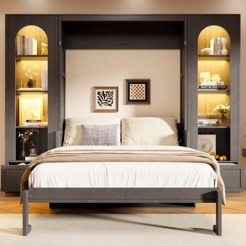Murphy Bed Queen Size Bookcase Bed Platform Bed with Side Cabinets and 2 Drawers, Elegant French Folding Bed LED Wall Bed