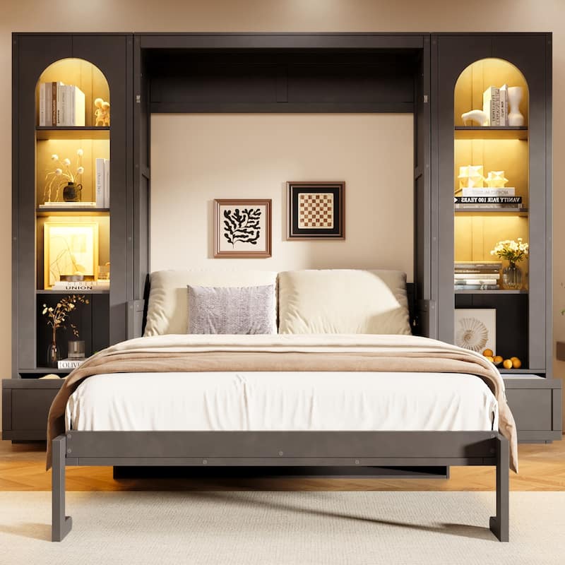 Queen Size Murphy Platform Bed with Storage Space and LED Lights by Harper&Bright Designs