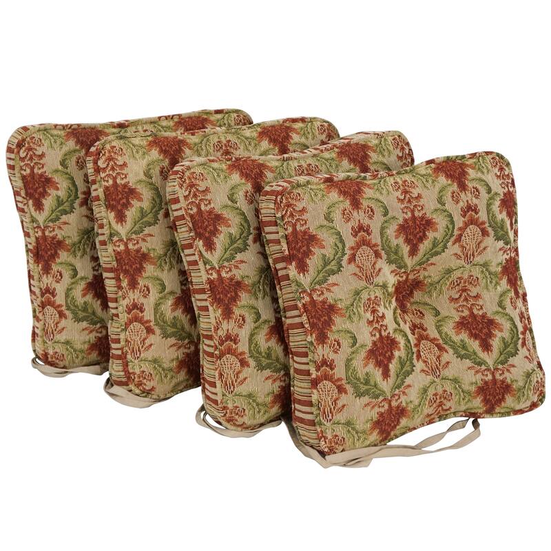 17-inch Floral Tapestry Square Tufted Corded Dining Chair Cushions (Set of 2, 4, or 6) - 17 x 17 - Set of 4 - Red/Beige