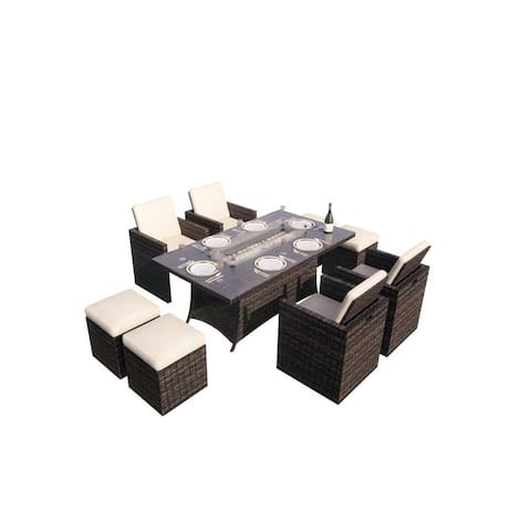 9-Piece Outdoor Rectangle Gas Fire Table Patio Wicker Dining Set