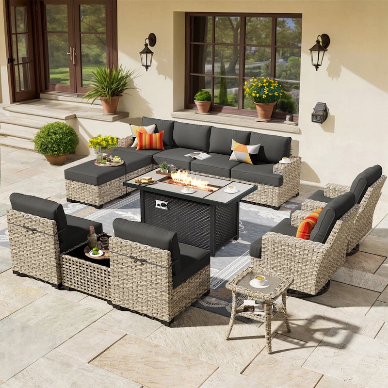 HOOOWOOO 13-piece Outdoor Sofa Patio Wicker Swivel Chair Set with 42" Fire Pit - Black