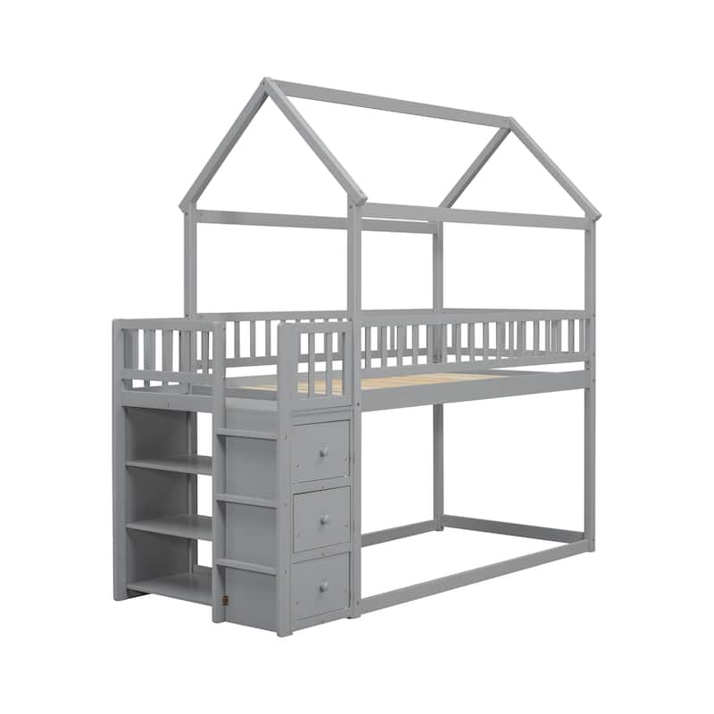 Twin/Twin House Bunk Bed with Shelves and Drawers