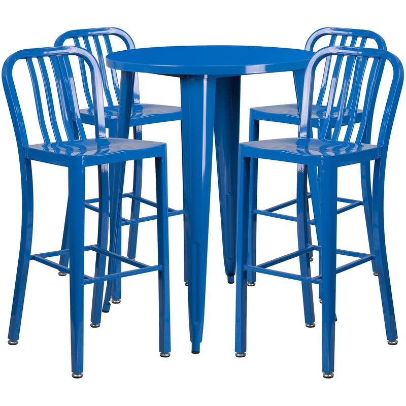 30'' Round Metal Indoor-Outdoor Bar Table Set with 4 Vertical Slat Back Stools - 30"W x 30"D x 41"H - 30"W x 30"D x 41"H