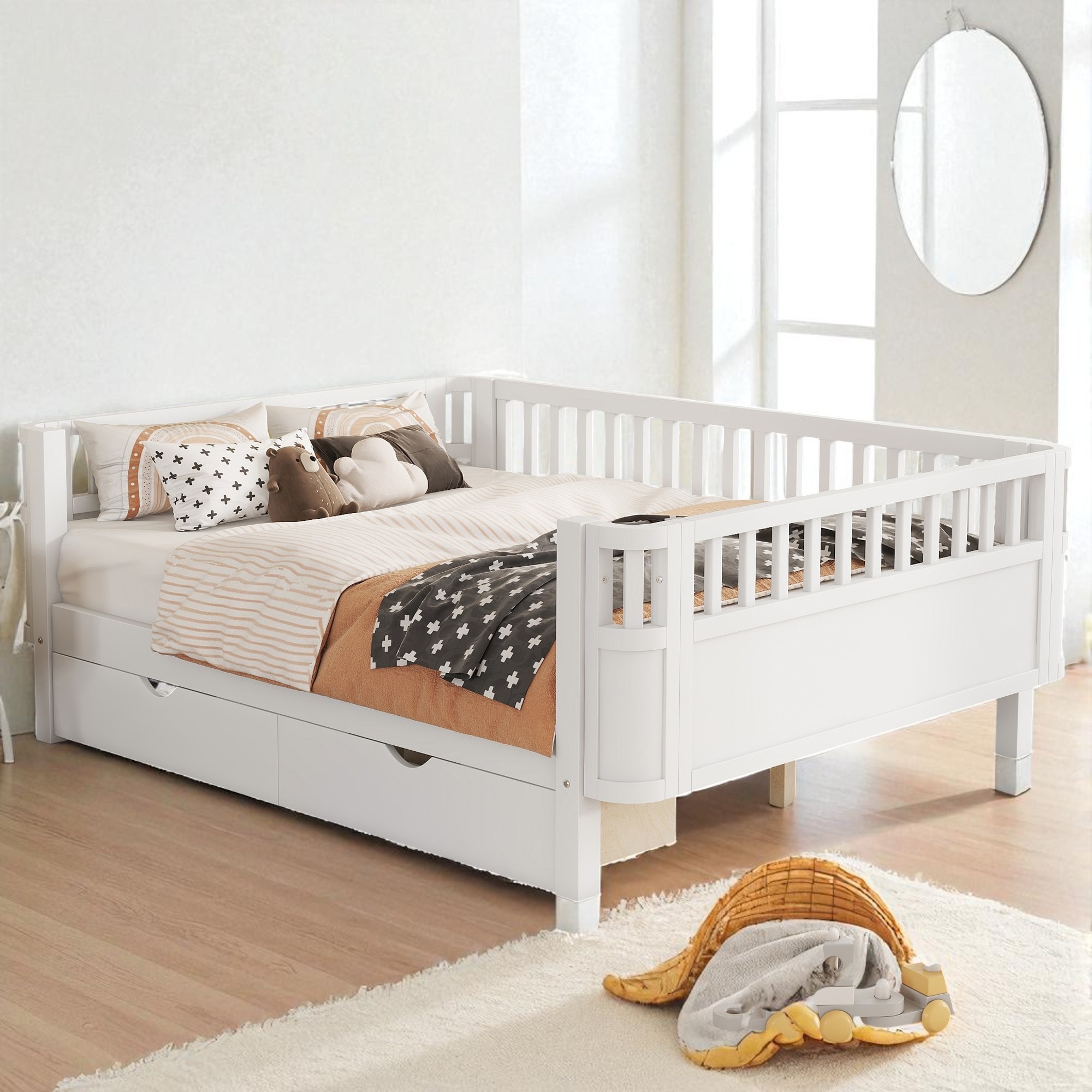 Twin/Full Size Wooden Platform Bed with Safety Rails and 2 Storage Drawers, Low Profile Kids Bed Frame