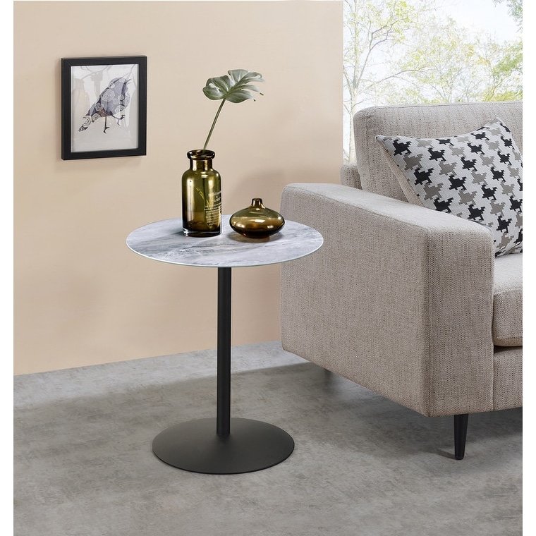 17.5"W End Table with Marble Textured Glass Top and Steel Base Modern Design