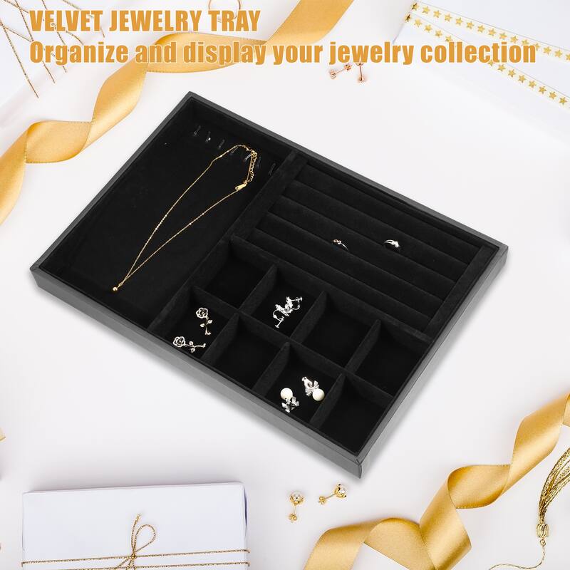 3 in1 Jewelry Tray Stackable Tray Showcase for Rings Earrings Necklace - Black