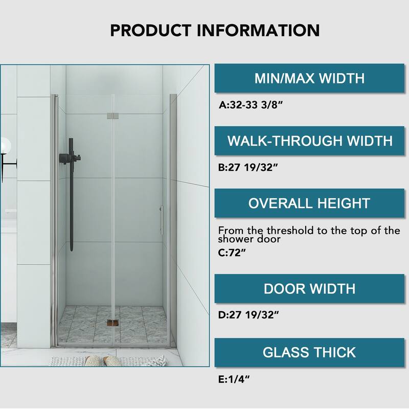 30/32/34/36 Bi-fold Semi-Frameless Shower Door with Clear Tempered Glass