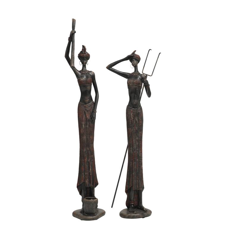 Polystone People Handmade Tall African Women Decorative Sculpture with Carved Dresswear - Set of 2 Red - Roche River Decor