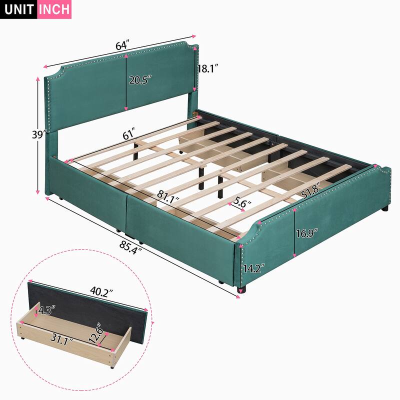 Queen Size Velvet Upholstered Platform Bed with Stud Trim Headboard, Footboard and Drawers