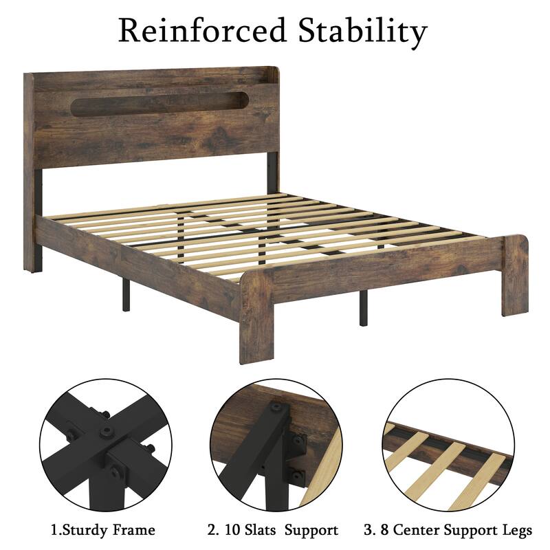 Dark Brown Wooden Bed Frame Platform Bed Storage Headboard with Built-In LED Light and Charging Station/Noise Free/Easy Assembly