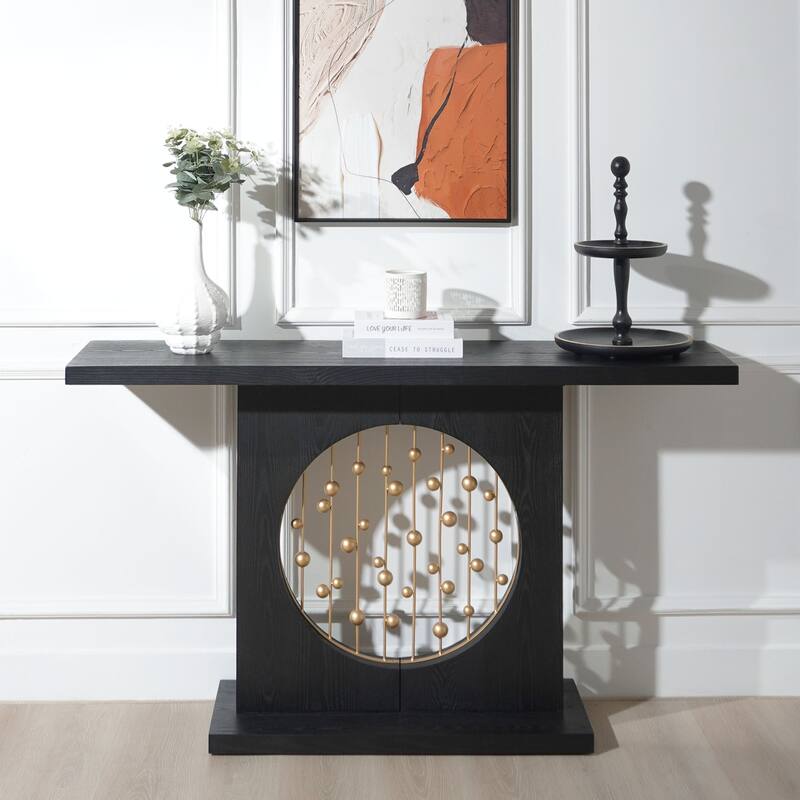 56" Console Table with Circular Cutouts & Gold Accents - Black聽