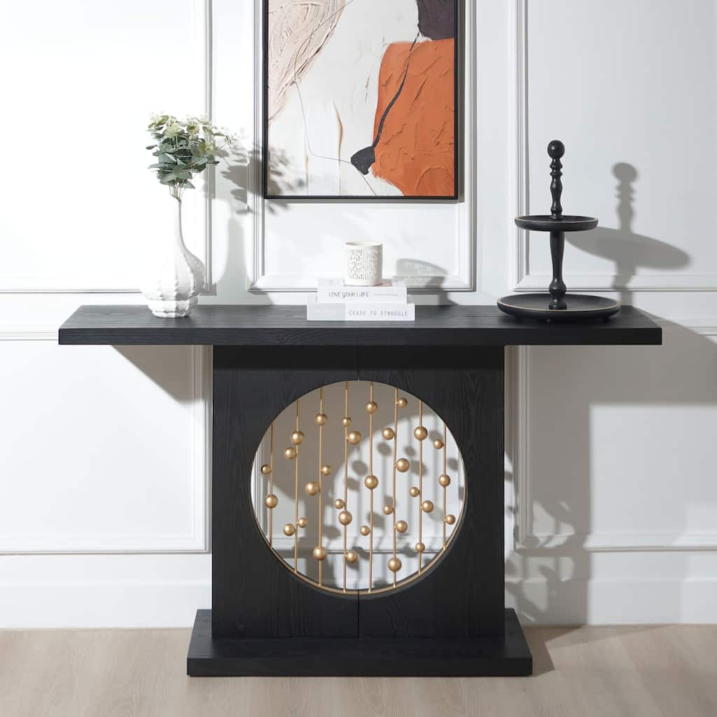 Elegant Wood Console Table, Circular Cutout with Floating Gold Spheres