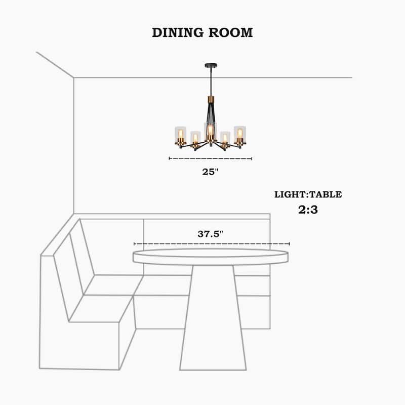 Modern Contemporary 5-Light Black Gold Wheel Chandelier Glass Pendant Light for Dining Room - 25 " D