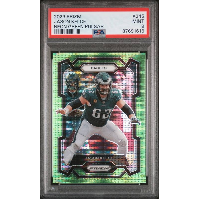 Jason Kelce 2023 Panini Prizm Neon Green Pulsar Football Card #245 Graded PSA 9 - 8'6" x 11'6"