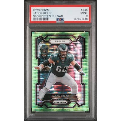 Jason Kelce 2023 Panini Prizm Neon Green Pulsar Football Card #245 Graded PSA 9 - 8'6" x 11'6"