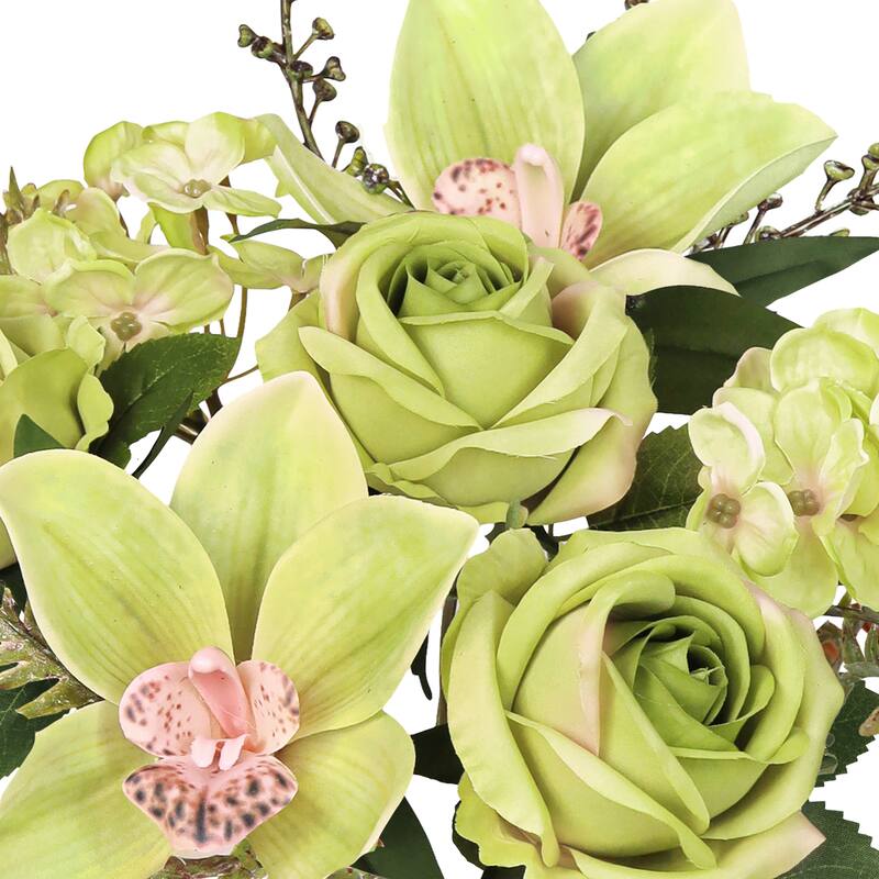 Set of 2 Green Artificial Mixed Rose Cymbidium Orchid Hydrangea Flower Stem Bush Bouquet 16in - 16" L x 9" W x 9" DP