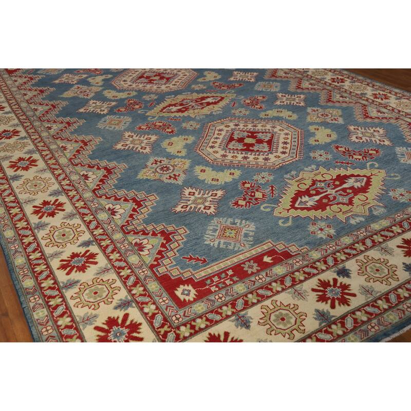 Hand Knotted Oriental 100% Wool Carpet Traditional Geometric Navy Blue & Blues Kazak Area Rug - 13' 7'' X 9' 10''