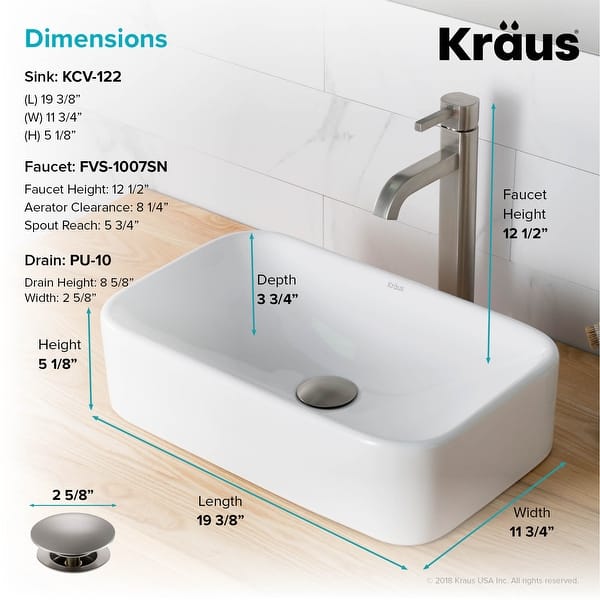 dimension image slide 2 of 3, Kraus 3-in-1 Set White Rectangle Ceramic Sink, Ramus Faucet w/Drain