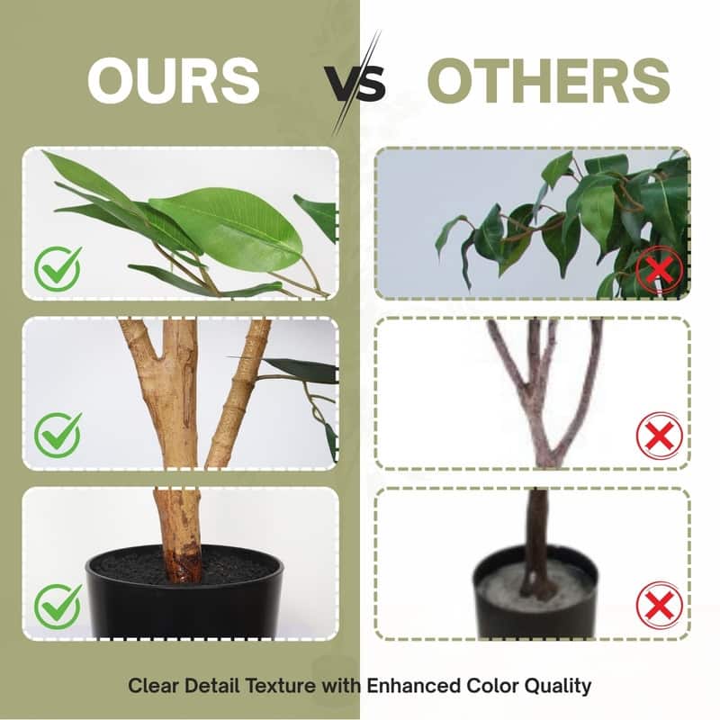 6FT Artificial Ficus Tree with Natural Trunk in Black Plastic Pot for Indoor Home Office Decor, 1pc/set