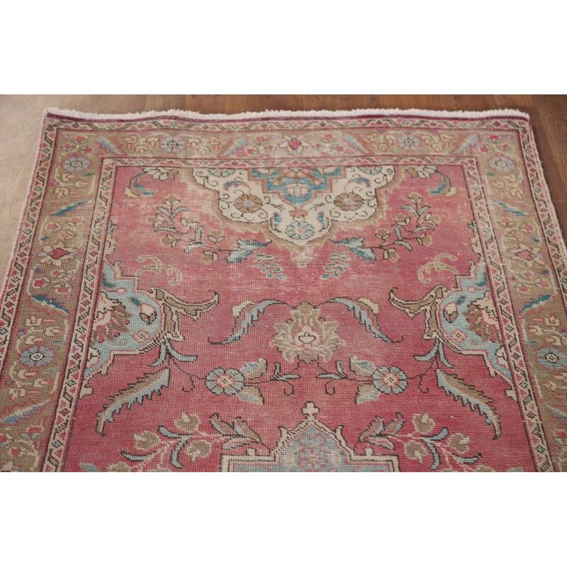 Hand Knotted Oriental 100% Wool Carpet Traditional Floral Pink Tabriz Runner Rug - 12' 9'' X 3' 3''