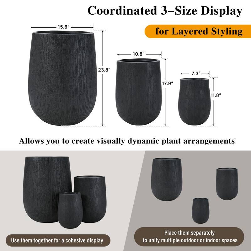 Egg-Shaped Lightweight MGO Outdoor Planter Set of 3,Modern Stone-Look Textured Flower Pots with Drainage Holes and Rubber Plug