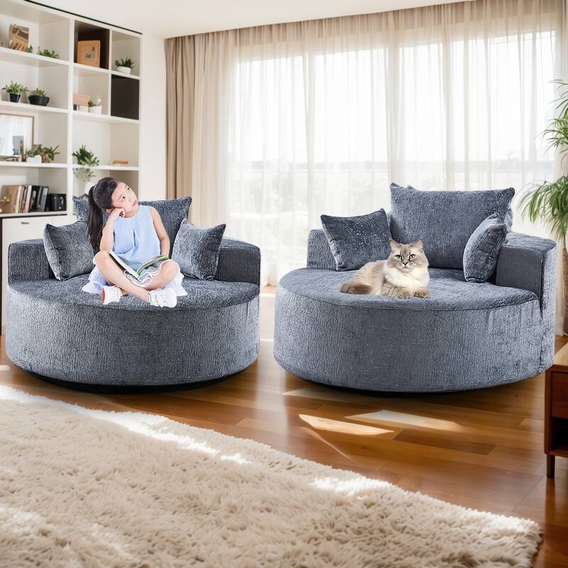Round Floor Sofa Chair, Chenille Compressed Circle Chaise Lounge, Boneless Barrel Chair, Lazy Bean Bag Couch Accent Chair