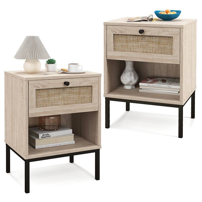 Gymax 2PCS Rattan Nightstand Boho End Table w/ Drawer & Open Shelf for - Oak - MDF