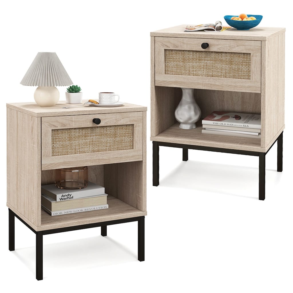 Gymax 2PCS Rattan Nightstand Boho End Table w/ Drawer & Open Shelf for