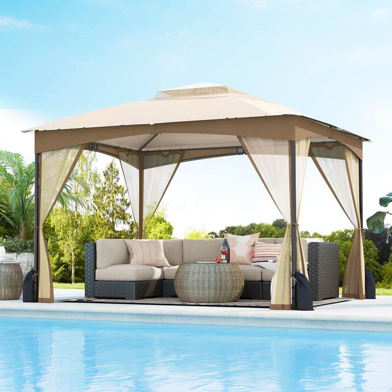 Costway 10 X 10/12 FT Patio Gazebo with Netting Walls 4 Sandbags - Khaki 10 X 12 FT