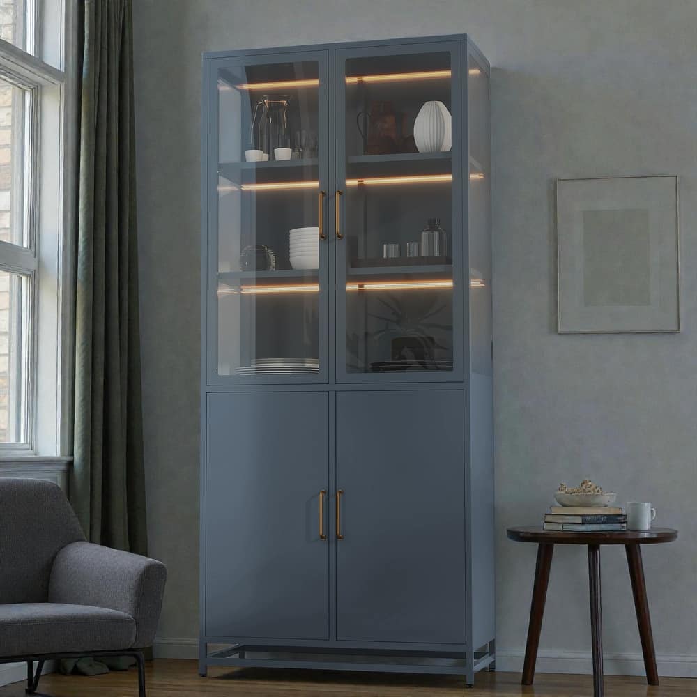 76.75 Inch Glass Display Cabinet with LED Lights, 3 Sided Tempered Glass Steel Curio Cabinet with Double Doors