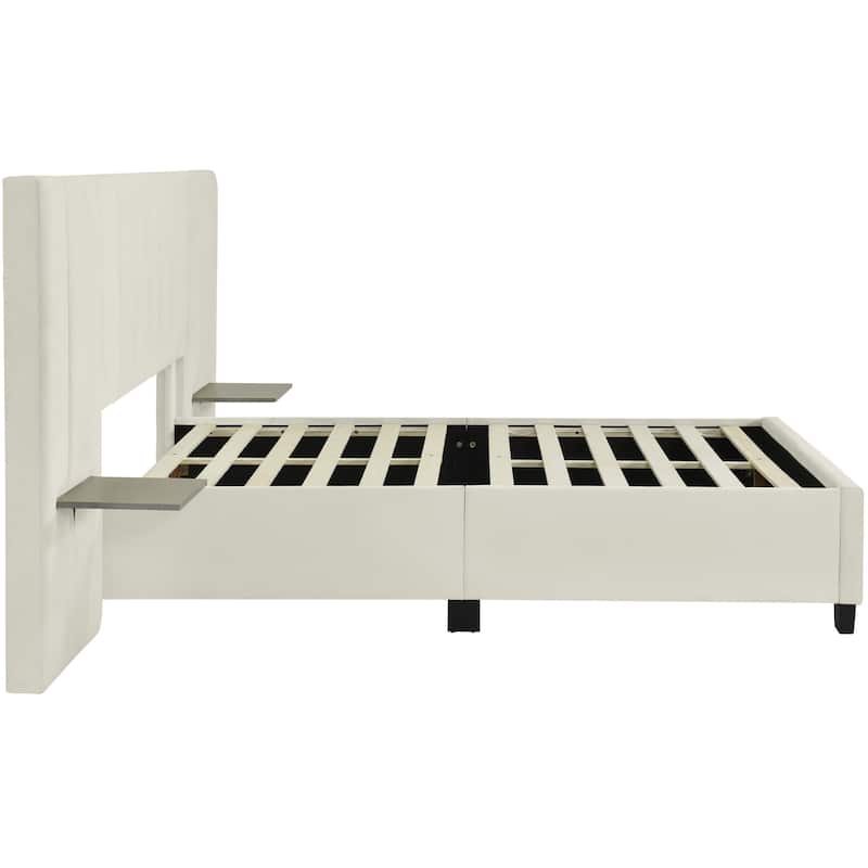 HomeRoots Light Gray Tufted Velvet Upholstered Lighted Full Bed Frame