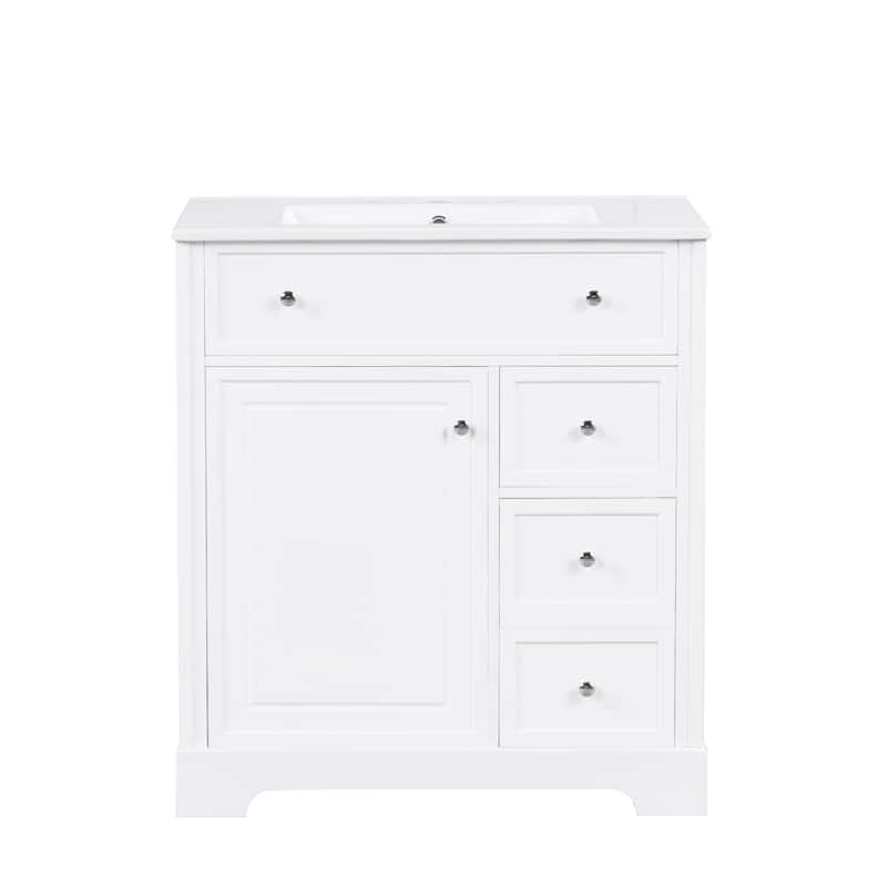 Modern 30-Inch Bathroom Vanity Cabinet with Ceramic Sink, 2 Drawers, and Door Shelf, White