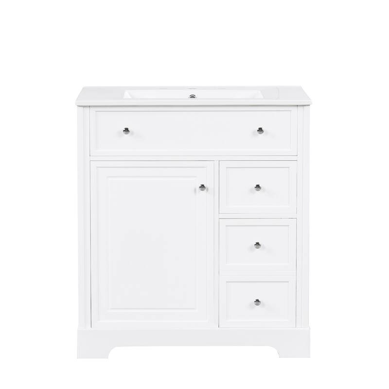 Roomfitters 30" Bathroom Vanity with Sink, Solid Poplar Wood Frame, 2 Drawers & Door with Storage Shelf, White