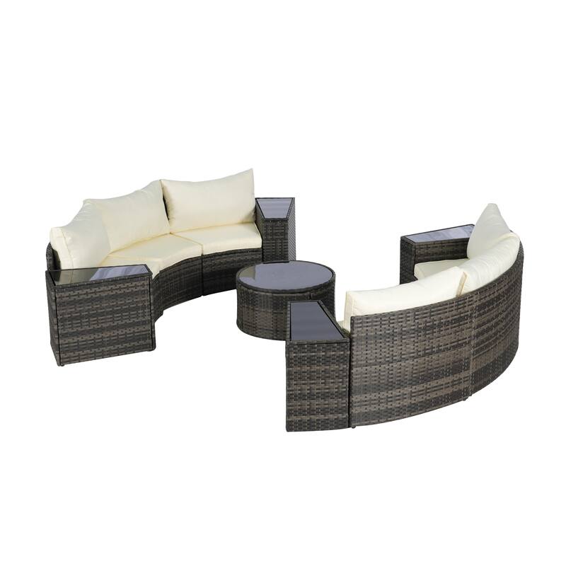 11-Piece Outdoor Half-Round Modular Sectional Sofa Set with Tempered Glass Coffee Table and 4 Side Table