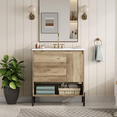 30" Bathroom Vanity with Ceramic Basin Sink, Freestanding Bathroom Storage Cabinet with Sliding Drawer, Doors and Open Shelf