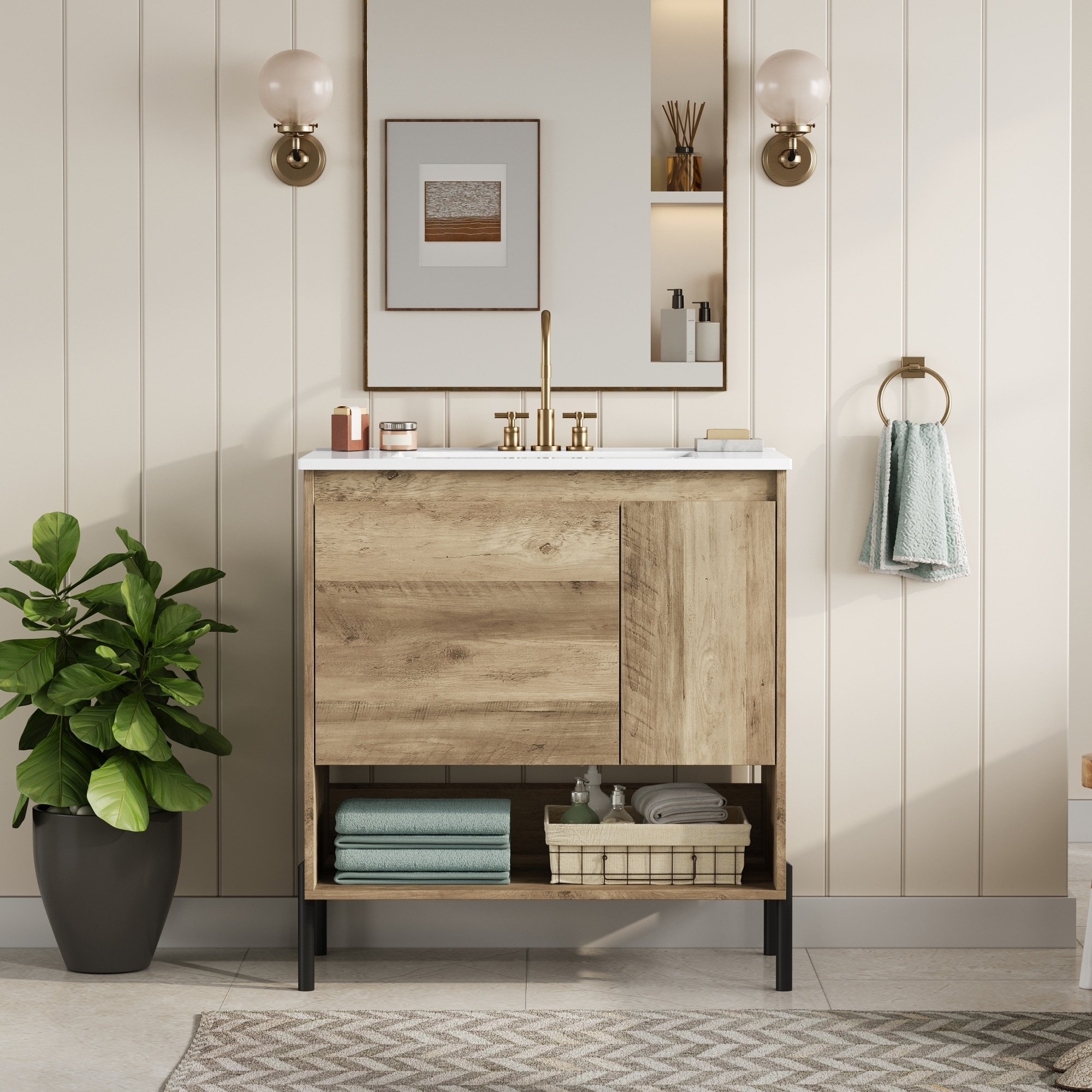 30" Bathroom Vanity with Ceramic Basin Sink Top, Natural Wood Bathroom Storage Cabinet with Open Shelf - 30 Inch