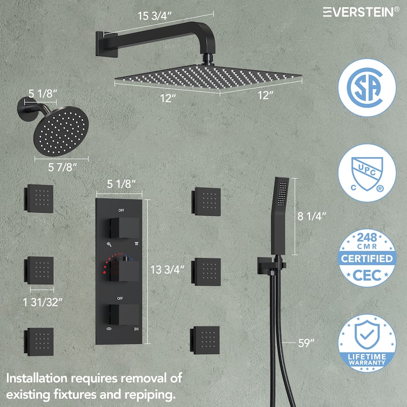 Thermostatic Dual Shower System 12" and 6" Rainfall Shower Head with 6 Body Jets & Handheld Shower