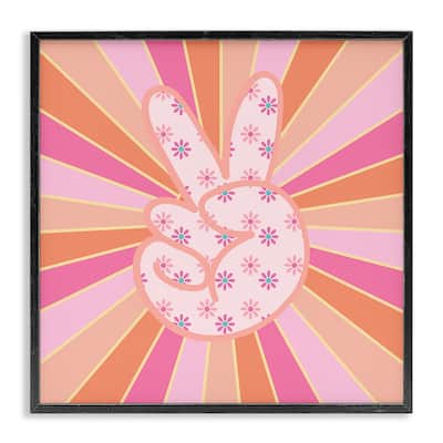 Stupell Beaming Peace Sign Hand Framed Giclee Art Design By Jesse Keith