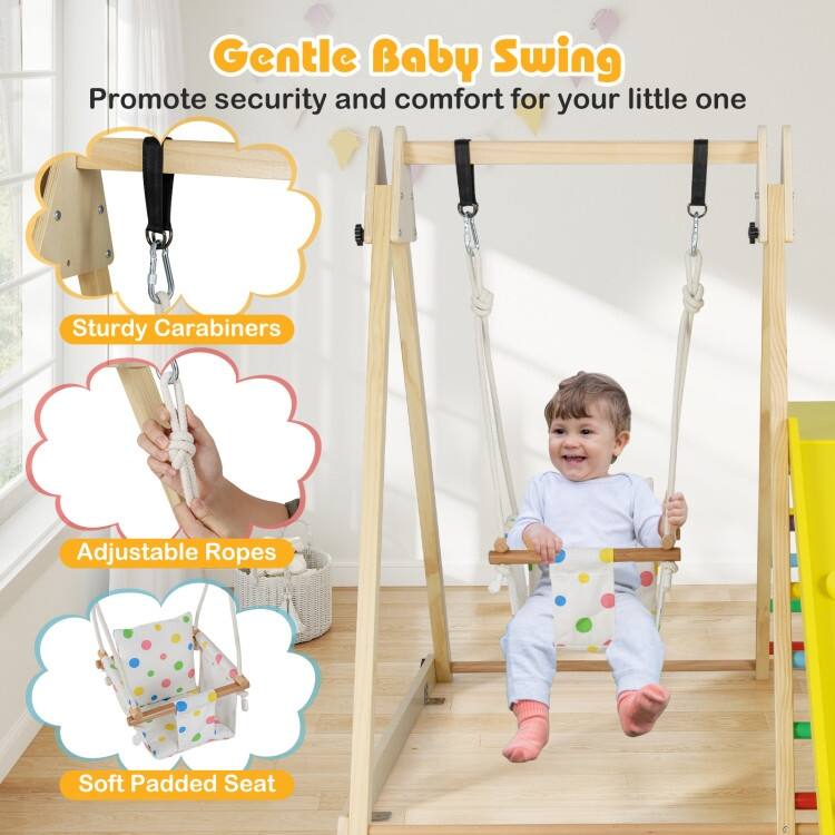 Multicolor Solid Wood Kids 4-in-1 Jungle Gym with Swing, Ramp and Platform - Multi Color - 73" × 47" × 45" (L × W × H)
