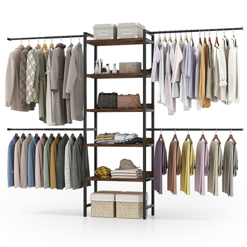 Adjustable Closet Organizer System with 4 Hanger Rods and 5-Tier Shelves for 6-9 Ft Space
