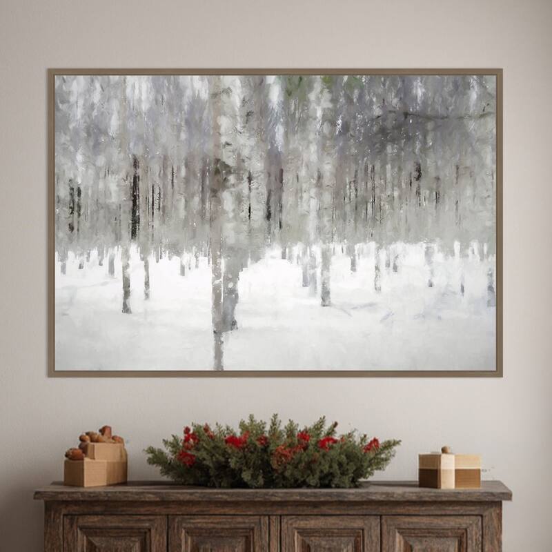 Birches In Fog by Kim Curinga Framed Canvas Wall Art Print - Sylvie Dark Gold