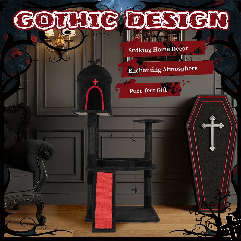 53" Gothic Cat Tree with Coffin Bed, Condo, Scratching Posts & Toys - 31.5 x 32.3 x 53.5 In