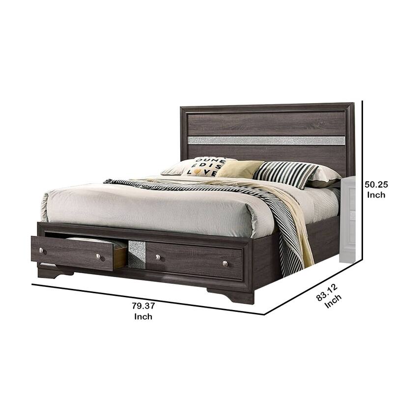 Panel Design Eastern King Bed with Silver Accents and Bracket Feet, Gray